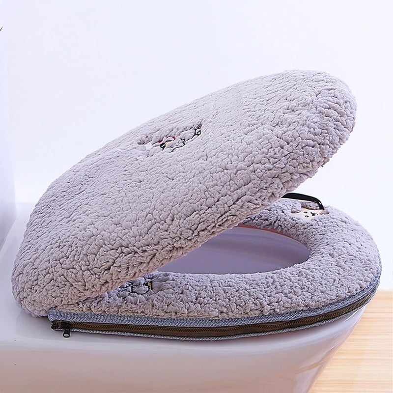 HICYOO Toilet Seat Warmer Cover & Toilet Lid Cover Grey Toilet Seat Covers for Bathroom with Zipper Handle Plush Thicker Washable - Image 3